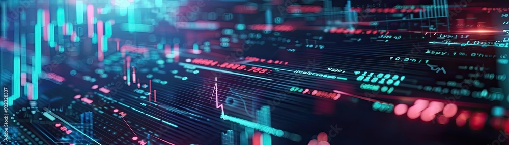 Poster Vibrant digital abstract background with glowing lines, dots, and various data elements for tech and innovation themes.