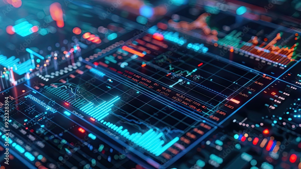 Poster Futuristic data visualization with vibrant graphs and charts showcasing technology and analytics in a digital environment.