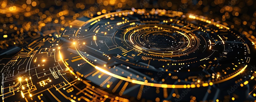 Poster Abstract digital background featuring glowing circuits and intricate patterns in gold tones, perfect for technology themes.