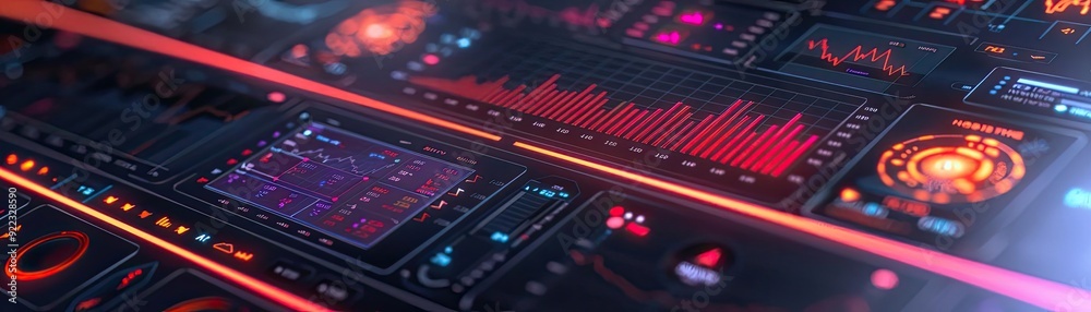 Poster Futuristic data visualization dashboard with vibrant colors and dynamic graphs, showcasing technology and analytics.