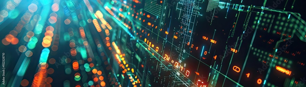 Poster abstract digital background showcasing vibrant lights, data streams, and futuristic technology, perf