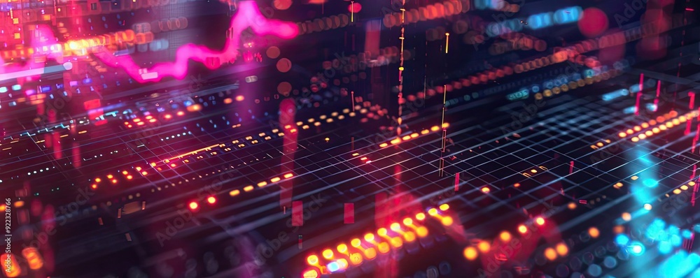 Poster Abstract digital data with glowing lines and vibrant colors, representing technology, data analysis, and futuristic concepts.