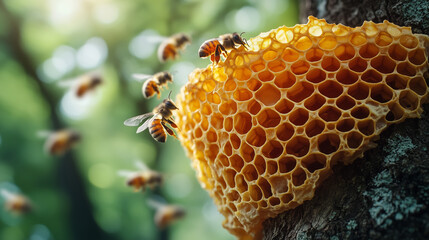 Close-up of Honeybees Working on Honeycomb Attached to Tree Trunk
