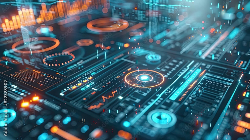 Aufkleber Futuristic digital interface showcasing vibrant data visualization with glowing elements and intricate patterns.