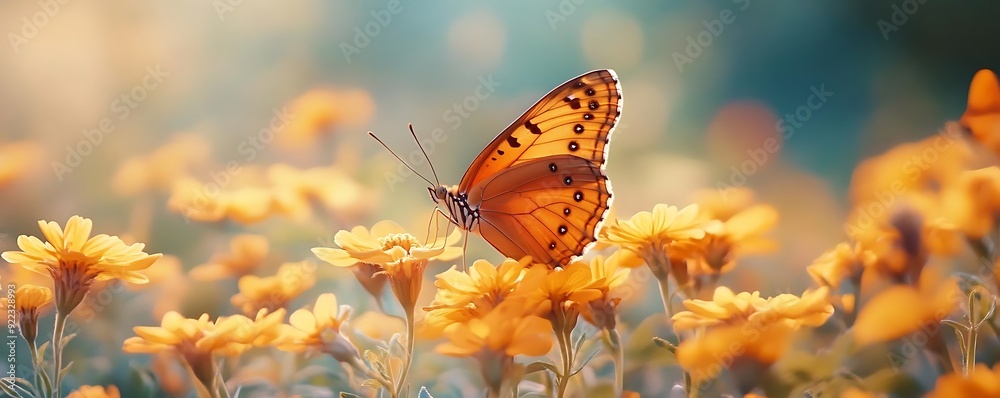 Wall mural Orange Butterfly on Yellow Flowers in a Meadow Photo