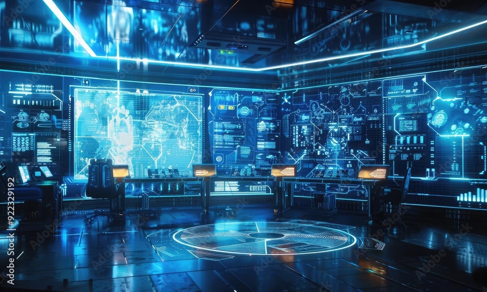 Poster Futuristic control room with high-tech screens and glowing interfaces, showcasing advanced technology and data visualization.