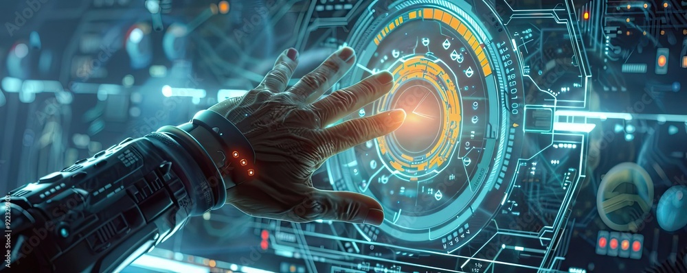 Poster Futuristic interface interaction showcasing high-tech design with a robotic hand touching a glowing control panel.