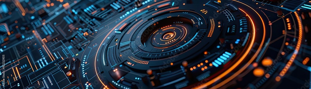 Poster futuristic technology background featuring vivid circuitry and glowing elements in vibrant blue and 