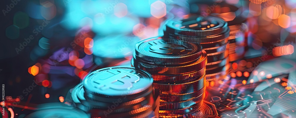 Poster close-up of shiny coins stacked on a colorful background, symbolizing finance and investment.