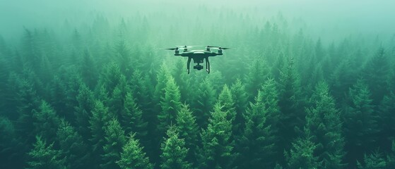 Aerial view of a drone hovering over a dense forest, showcasing the lush greenery and technological contrast.