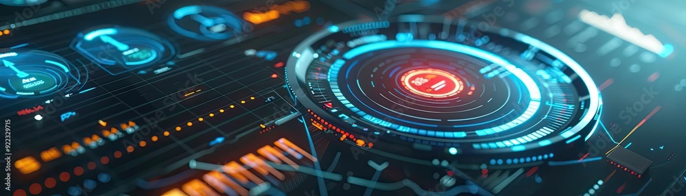 Poster Futuristic digital interface design showcasing interactive technology and vibrant data visualization elements.
