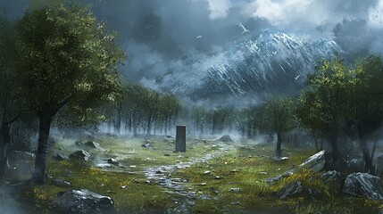 Mysterious Forest Clearing with Stone Monument and Misty Mountains