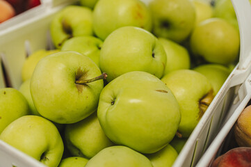 Green Apples in bushel baskets at the farmers market