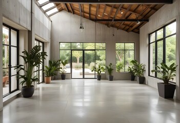 an empty room with plants and windows.