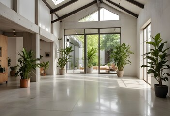 Obraz premium an empty room with plants and windows.