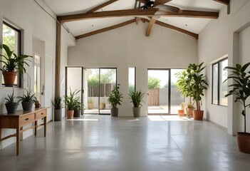 Fototapeta premium an empty room with plants and windows.