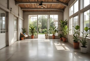 Fototapeta premium an empty room with plants and windows.