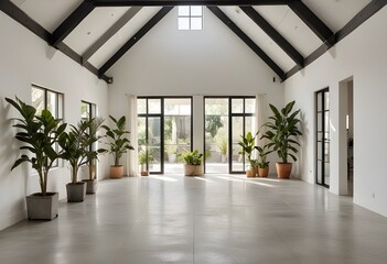 Obraz premium an empty room with plants and windows.