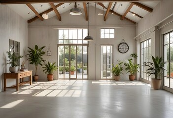 Obraz premium an empty room with plants and windows.