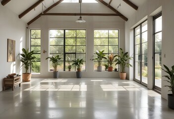 Obraz premium an empty room with plants and windows.