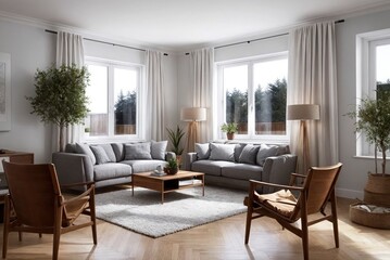 A living room with a couch, two chairs, and a coffee table