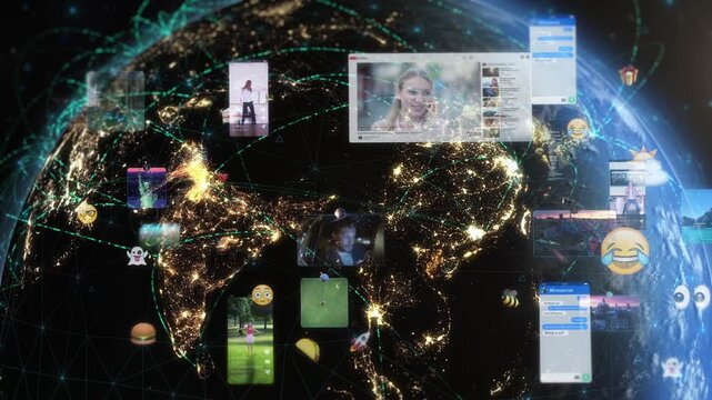 Rotating Earth With City Lights, Bright Connections  and Social Media Interfaces. Emoji, Messages and Charts. Asia Futuristic Augmented Reality World. People. - Powered by Adobe