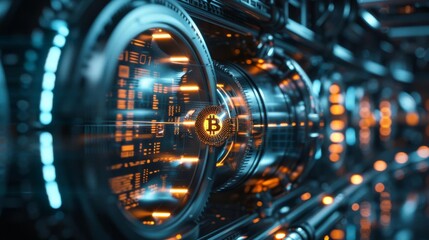 A futuristic vault filled with glowing cryptocurrency coins, dark tones, high tech