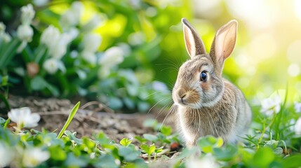 Cute rabbit sitting in a vibrant meadow surrounded by green foliage and delicate flowers on a sunny day.