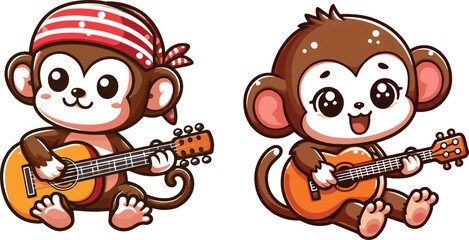 Cute Monkey Playing Guitar Cartoon Graphic