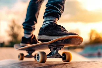 Selbstklebende Fototapeten A detailed shot of a skateboarder's feet positioned on a skateboard deck, capturing the essence of skateboarding culture and the thrill of skating at sunset. © DKPhoto