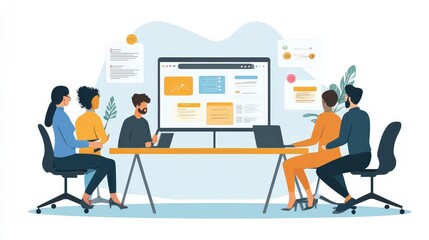 Dynamic Team Collaboration Meeting: Diverse Group Brainstorming Ideas with Digital Presentations on Conference Table