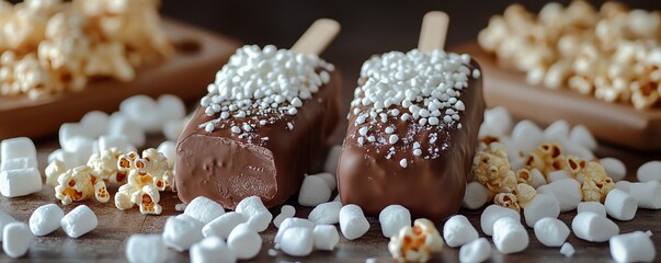 Frozen ice cream bar coated in chocolate and rolled in crushed popcorn and mini marshmallows, on a stick, ice cream bar popcorn marshmallow, frozen treat innovation