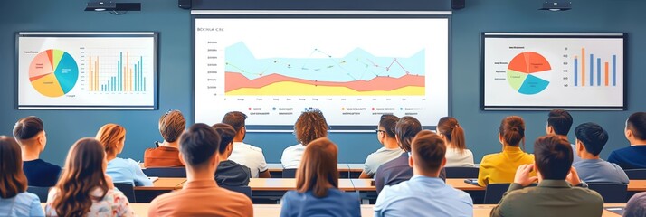 Business presentation with audience in a conference room, viewing statistical graphs and charts on large screens.