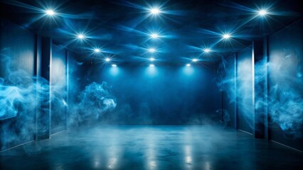 An empty room illuminated by blue lights, filled with swirling smoke, creating a mysterious and...