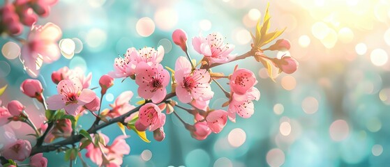 Fototapeta premium Beautiful pink cherry blossoms in full bloom with a dreamy bokeh background, capturing the essence of springtime nature and tranquility.
