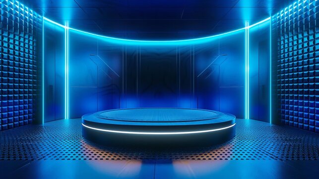 A podium with a futuristic, metallic finish, neon blue lighting, showcasing advanced tech