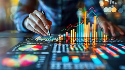 Business analysis and financial data review concept with a person analyzing various bar and line charts on a digital screen.