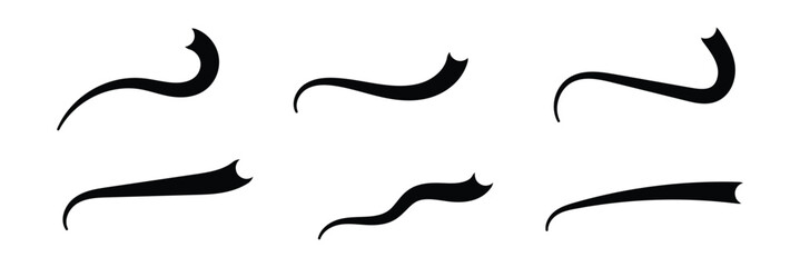 Swoosh line vector, underline swish, stroke swash swirl, curly hand drawn text calligraphic brush tail, black fireworks icon set isolated on white background. Doodle decorative illustration in eps 10.