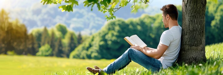 Man sitting under a tree reading a book in a tranquil park with lush green landscape and distant hills on a sunny day.