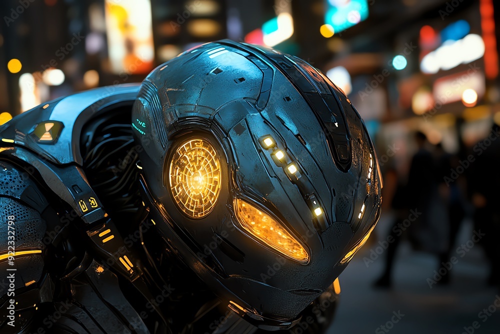 Aufkleber futuristic robot in a neon-lit cityscape, representing advanced technology and artificial intelligen