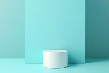 White cylindrical 3D podium in a soft blue empty space