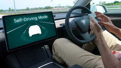 Self driving car or autonomous vehicle travel on speed highway with driverless system and autopilot...