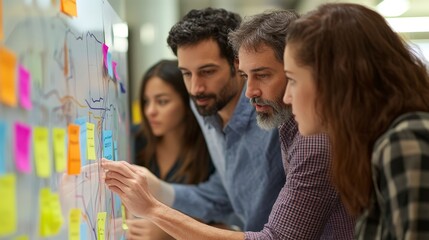 Strategic Business Planning: Team of Professionals Collaborating on Strategy Board with Charts and Post-it Notes