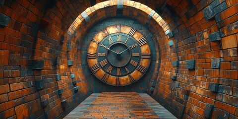 Fototapeta premium A Large Rusty Clock Embedded in a Brick Tunnel