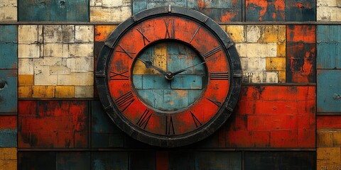 Fototapeta premium Vintage Clock on a Distressed Colorful Tile Wall