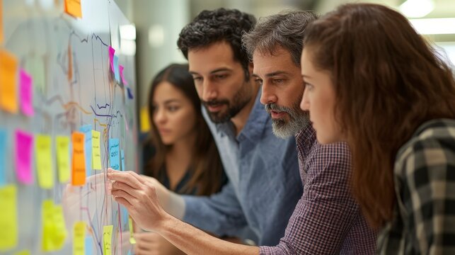Strategic Business Planning: Team of Professionals Collaborating on Strategy Board with Charts and Post-it Notes - Powered by Adobe