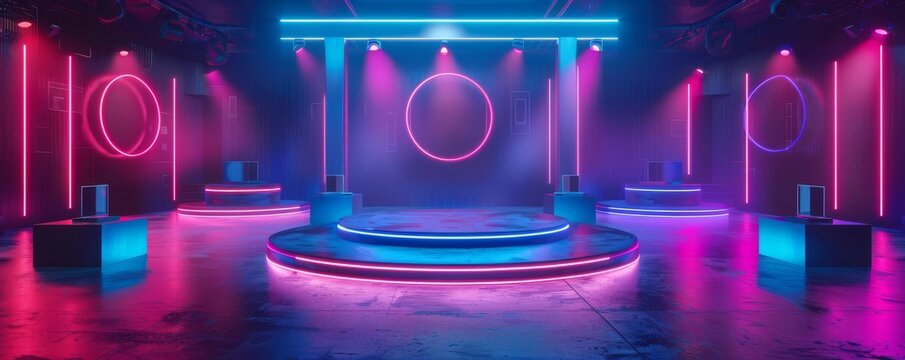 A podium with rotating platforms, neon lights, showcasing a variety of tech gadgets