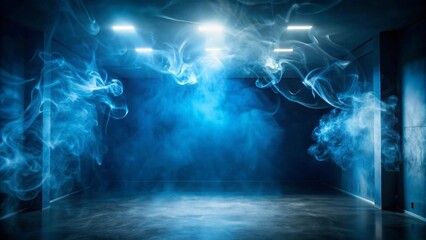 An empty room illuminated by blue lights, filled with swirling smoke, creating a mysterious and...