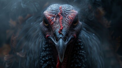 Black turkey with striking red features and a smoky background at twilight