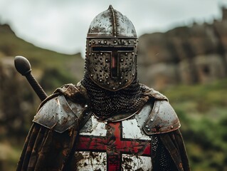 Naklejka premium Medieval knight in full armor stands proudly on a battlefield with rolling hills in the background during a cloudy day